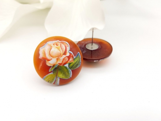 Preview: Große braune Ohrstecker Rosen Motiv